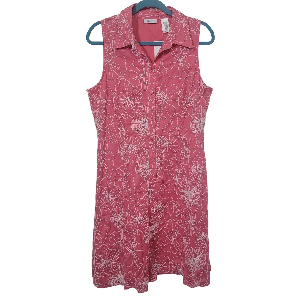 Liz & Co. Size 12 Shirt Dress Womens Pink Embroidered Floral Sleeveless Dress